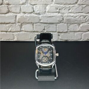 Automatic Black Leather Strap Skeleton Watch